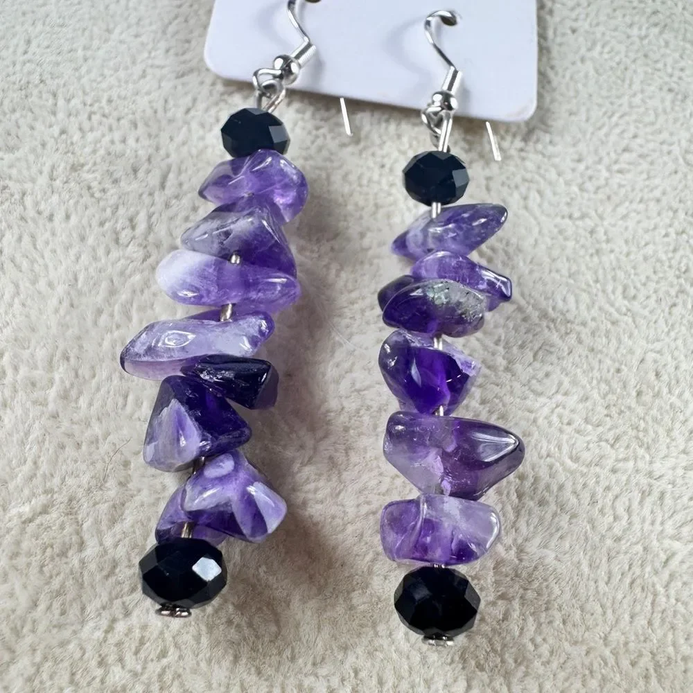 Amethyst and Black Stone Drop Earrings